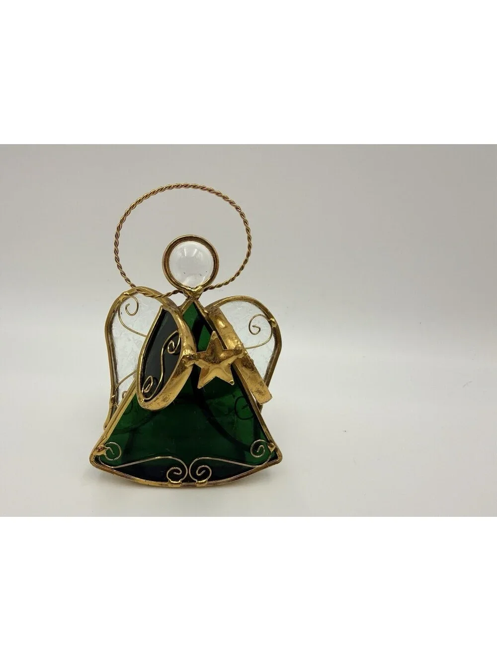 Vintage Stained Glass Green & Gold Tone Metal Angel Tealight Votive Holder 4.5